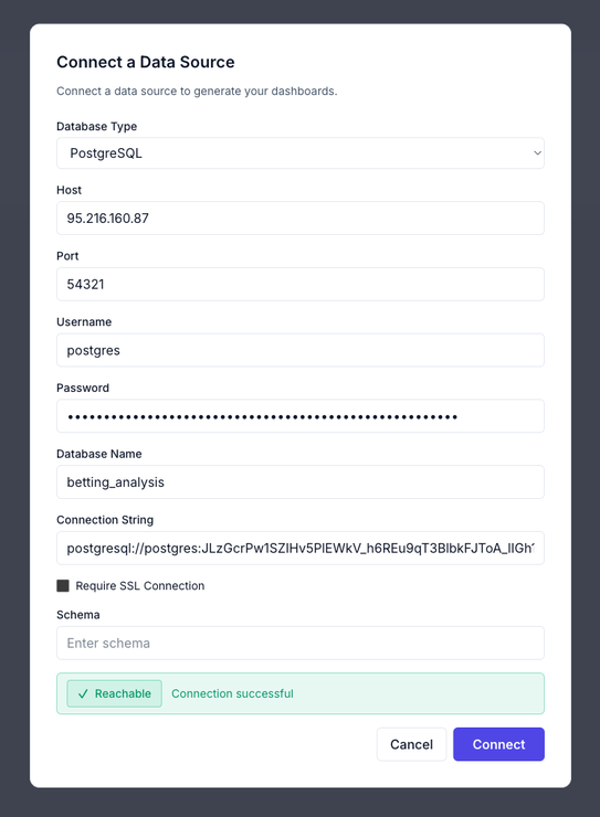 Connect a Data Source modal with a Postgres connection string and a green Reachable badge