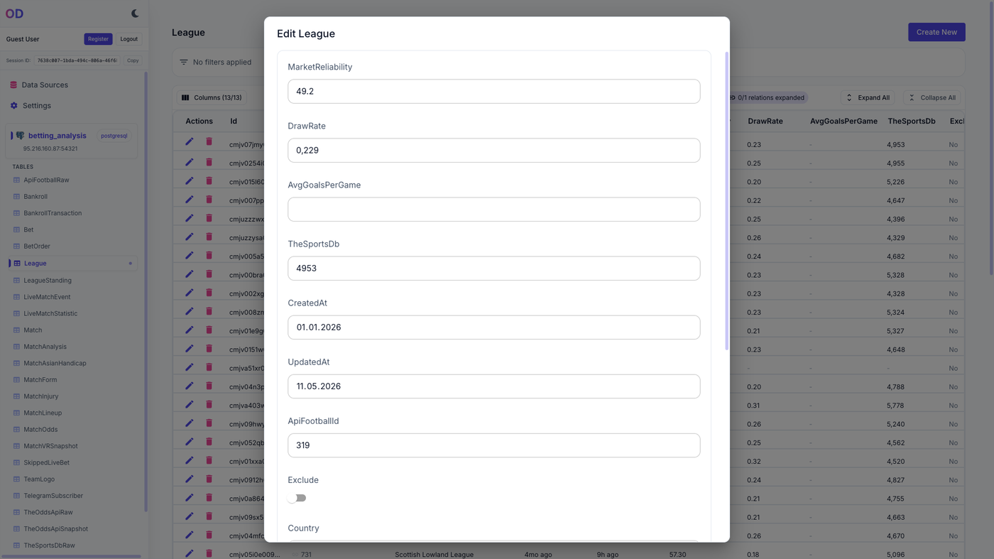 Auto-generated Edit League form with native inputs for each column type